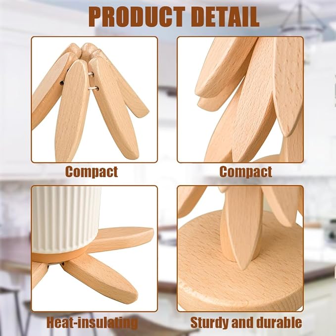 Wooden Trivets for Hot Dishes， Tree Shape Trivet Set,Trivets for Hot Dishes - 4 Wooden Trivet + 1 Stand（Beech Wood）