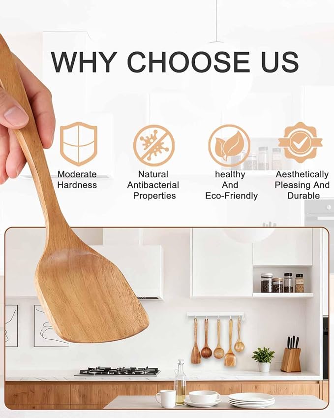 Handcrafted Acacia Wood Kitchen Utensil Set, 10-PCS Natural Brown Cooking Spoons and Slotted Spatulas, Premium Wooden Serving Tools for Kitchen (10Spoon)