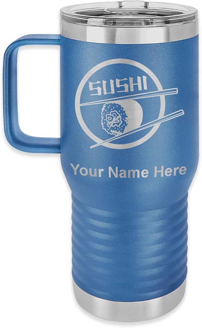 LaserGram 20oz Vacuum Insulated Travel Mug with Handle, Sushi, Personalized Engraving Included (Dark Blue)