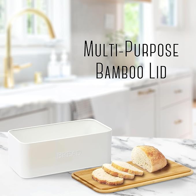 OUTSHINE White Bread Box for Kitchen Countertop, Small Storage Container with Bamboo Lid, Modern Kitchen Organizer for Sourdough, Buns, and Loaves, Bread Storage with Cutting Board Lid