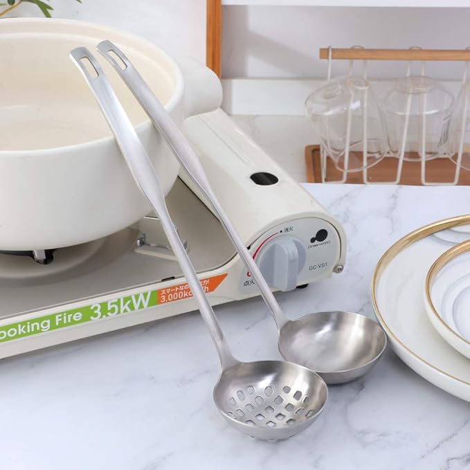 2 Pcs Soup Ladle Colander, Metallic Frosting Flatware Cookware Serving Long Handle Steel Slotted Spoon Cooking Utensil Set for Hotpot