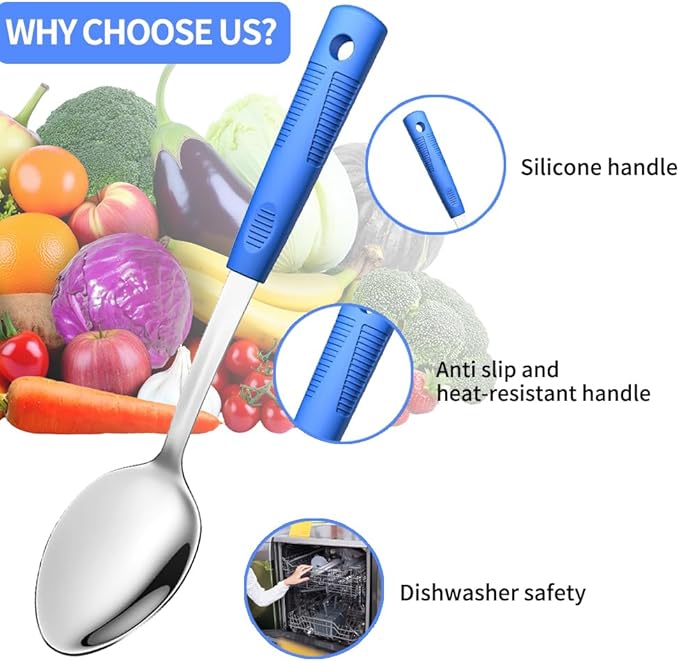 Stainless Steel Serving Spoons Set With Non-Slip Silicone Handles, 2-Piece Large Serving Spoon Slotted Metal Spoon for Cooking & Serving-Blue