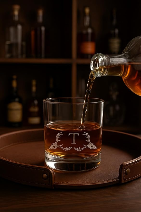 Hat Shark Personalized Whiskey Glass with Deer Skull Monogram, Single Rocks Glass, A-Z Initial, Clear (1, Letter T)