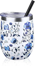 12 oz Insulated Wine Tumbler with Lid and Straw,Stainless Steel Stemless Wine Tumbler Glasses Double Wall Vacuum Wine Cups Tumbler Bulk for Coffee,Cocktail,Office（Blue and White Porcelain,1）