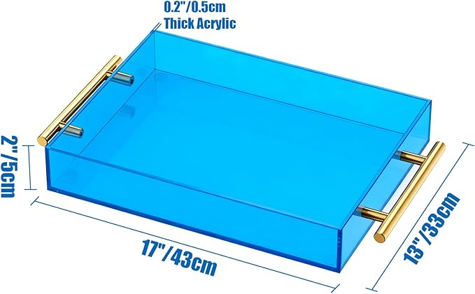 Acrylic Serving Tray with Handles Large Ottoman Food Decorative Tray for Coffee Table Tea Fruit Snack Kitchen Bar Platter, 17x13’’, Sky Blue