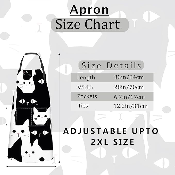 Black and White Cat Apron,Oxford Fabric Adjustable Kitchen Apron with 2 Pockets,Waterproof Cooking Aprons for Men Women Mom Wife Dad,Ideal Gifts for Coffee House,Shop,Baking,BBQ,28x33in
