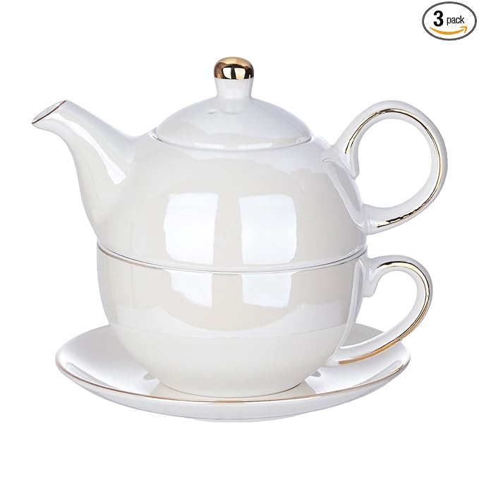 Tea for One Porcelain Teapot and Cup Set, Tea Set for One, Floral Teapot, Tea Set Gift for Women, Pearlescent white