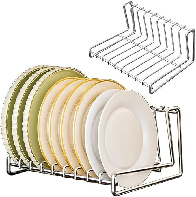 Dish Plate Draining Rack 9 Slots SUS304 Storage Drainboard Kitchen Drying Rack Drainer Stand Plate Organizer for Cabinet Space Saver Stainless Steel (9-Tier)