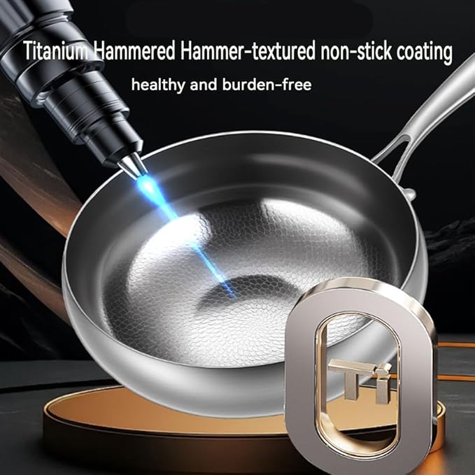 Titanium Hammered Pan with Lid, Thickened Multi-Layer Stock Pot, Titanium Wok Pan, Scratch-Resistant Non Stick Titanium Frying Pans, Even Heating for Cooking,9.44in