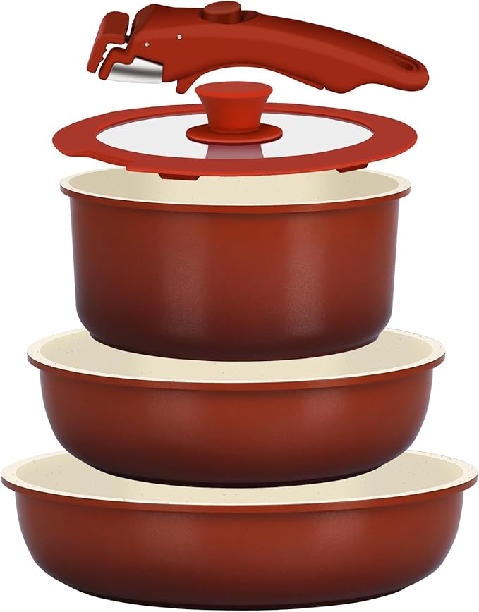 GiPP 5PCS Pots and Pans Set Non Stick, Nonstick Cookware Set Detachable Handle,Ceramic Pots for Cooking Non Stick with Removable Handle, RV Cookware Set, Red Black Gradien
