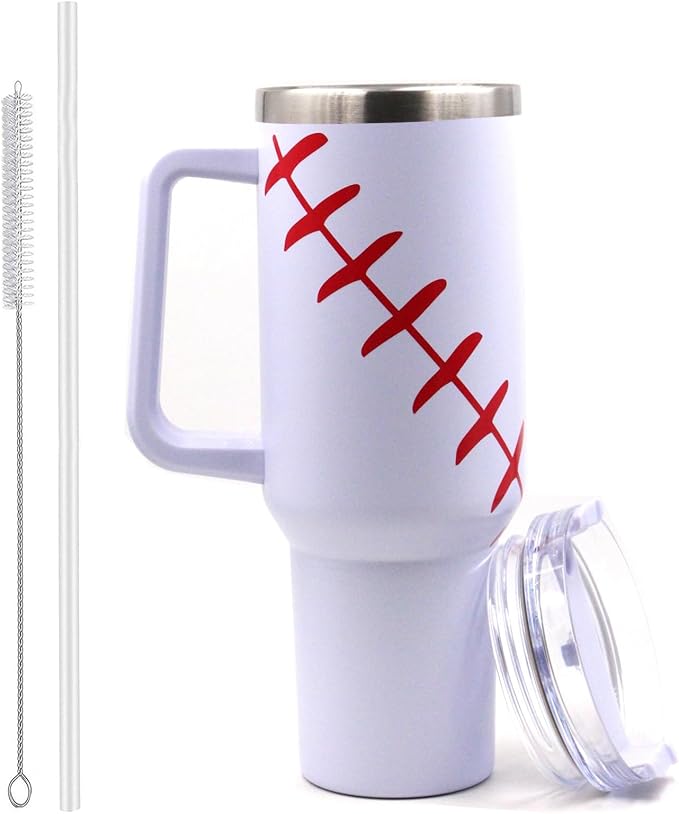 FMYWZS 40 oz Baseball Tumbler with Handle, Double Wall Vacuum Insulated Stainless Steel Cup Travel Mug with Lid and Straw, Baseball Accessories Stuff Gifts for Mom Men Boys Girls