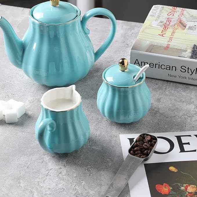 Sweejar Royal Ceramic Sugar and Creamer Set, 3 Piece Set with Cream Pitcher, Sugar Bowl, Sugar Set with Lid & Spoon, Coffee Serving Set Wedding Gift(Turquoise)