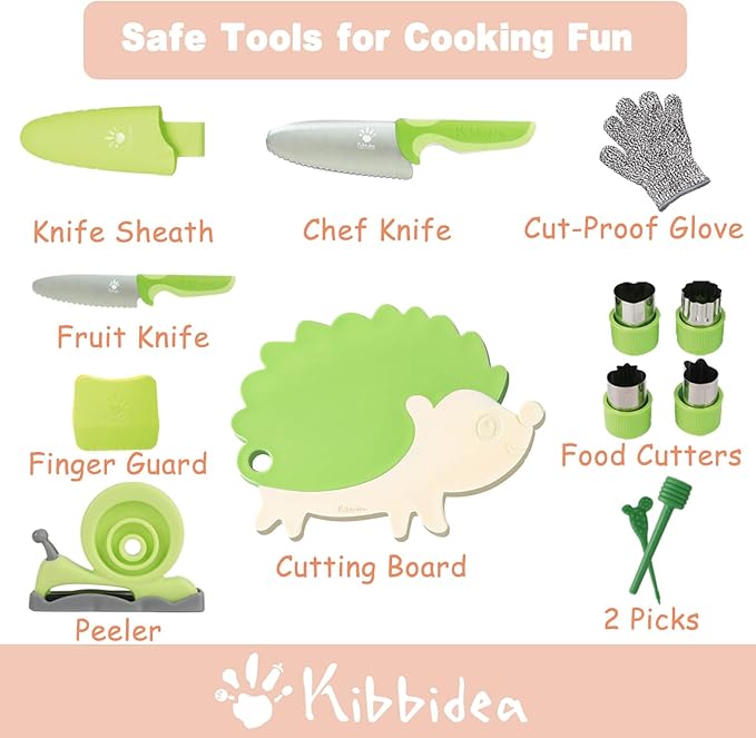 Kibbidea 13 Pcs Kids Kitchen Knife Set, Kids Cooking Sets Real with Cutting Board, Peeler, Serrated Edges Stainless Steel Toddler Safe Knife, Sandwich Cutter (Green)
