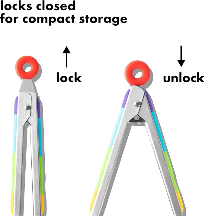 Rainbow Silicone Tongs for Cooking, Heat Resistant Kitchen Tongs for Salad, Grilling, Cooking, 304 Stainless Steel Locking and BPA Free Silicone Tips Set of 2, 9 and 12 Inch