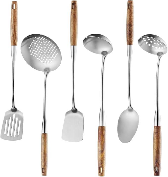 6 Pcs Cooking Utensils Set 304 Stainlss Steel Kitchen Utensils Set Heat Resistant Wooden Handle Kitchen Tools Metal Kitchen Utensil Soup Ladle Set, Dishwasher Safe