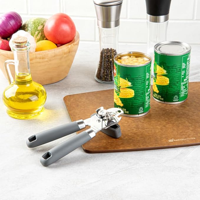 Restaurantware Comfy Grip 7.6 x 1.9 x 2.1 Inch Can Opener 1 Durable Manual Can Opener - Sharp Wheel Blade Grip Handle Gray Stainless Steel Hand-Held Can Opener Built-In Bottle Opener