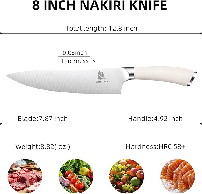 Professional White Chef Knife - 8 Inch High Carbon Stainless Steel Kitchen Knife with Ergonomic White Handle for Precise Cutting