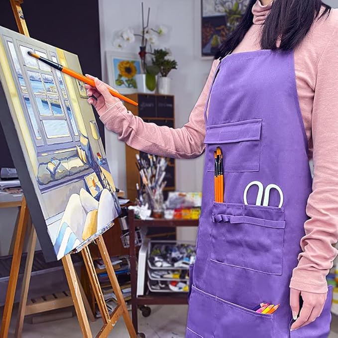 boshiho Adult Painting Aprons, Adjustable Buckle, Barber Apron with Pockets for Women/Men/Unisex, Utility or Work Apron (Purple)