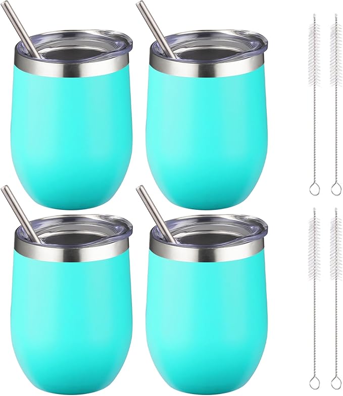 12 oz Insulated Wine Tumbler with Lid and Straw,Stainless Steel Stemless Wine Tumbler Glasses Double Wall Vacuum Wine Cups Tumbler Bulk for Coffee,Champaign,Office(Mint Green,4)