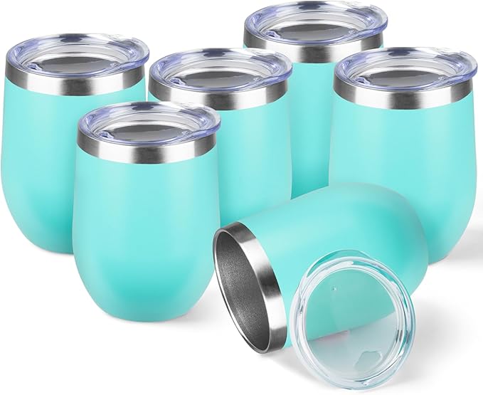 StarSpeed 12oz/6 Pack Wine Tumbler with lid, Stainless Steel Travel Mugs Stemless Double Wall Insulated Coffee Cup, Insulated Wine Glasses Travel Tumbler for Cold & Hot Drinks(Light Green, 6)