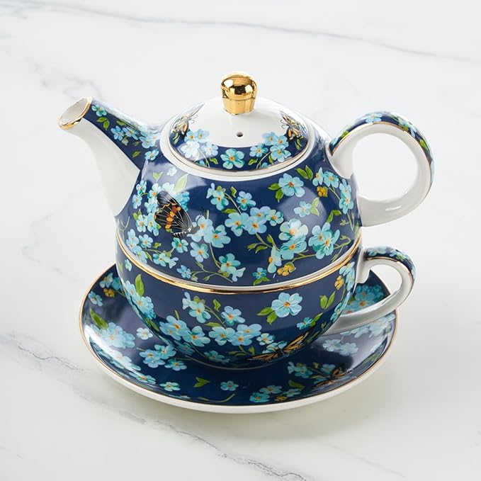 Tea for One Porcelain Teapot and Cup Set, Tea Set for One, Floral Teapot, Tea Set Gift for Women, Butterfly Blue