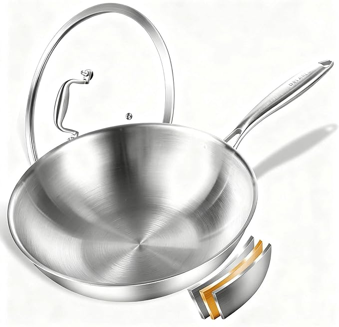 DELARLO Tri-Ply Stainless Steel Woks, 12 Inch Healthy Non-Toxic Cooking Wok Pan with Lid, Wide & Deep Cookware Stir-Fry Pans, Dishwasher and Oven Safe Up To 600°F, Works on Induction