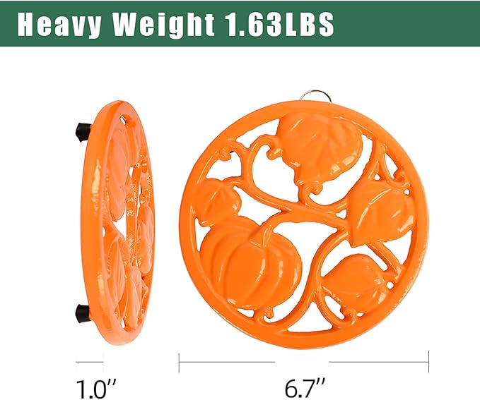 Cast Iron Trivet for Hot Dishes, Pumpkin Pattern Decorative Trivet for Hot Pots & Pans, Round Metal Heat-Resistant Pad Mat for Protective Countertop, Orange