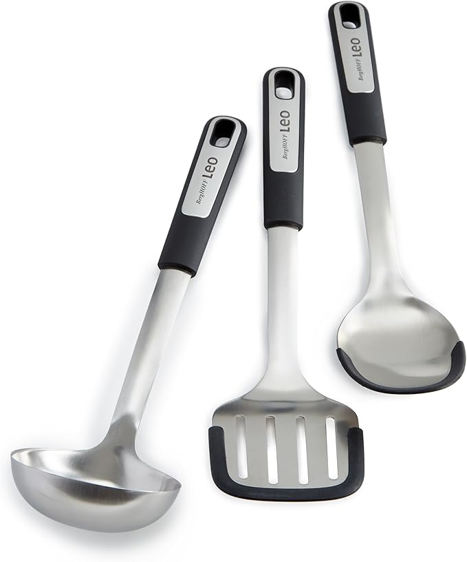 BergHOFF Graphite 3Pc Cooking Utensil Set, Recycled Material, Slotted Turner, Serving Spoon, Soup Ladle, Stainless Steel Head with Silicone Head, For Nonstick Cookware