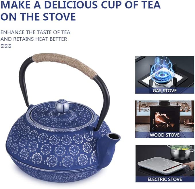 Ufine Blue Floral Cast Iron Teapot Set Japanese Style Tetsubin Tea Kettle with 4 Cups, Stainless Steel Infuser for Stove Top Tea Brewing 28 oz
