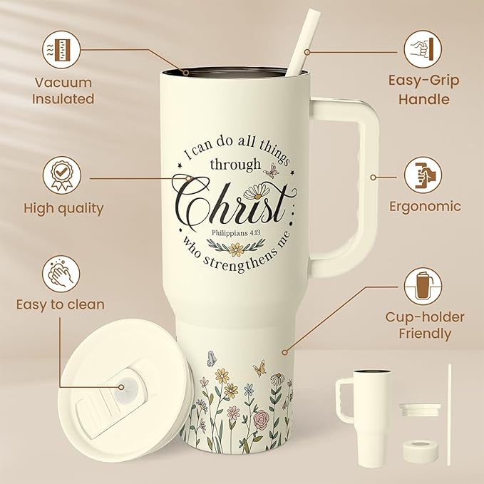 Christian Tumbler with Handle 40oz, Inspirational Gifts for Her, Religious Gift for Women Girl, Stainless Steel Insulated Coffee Travel Cup, Inspiration Gift for Christmas Birthday Mothers Day
