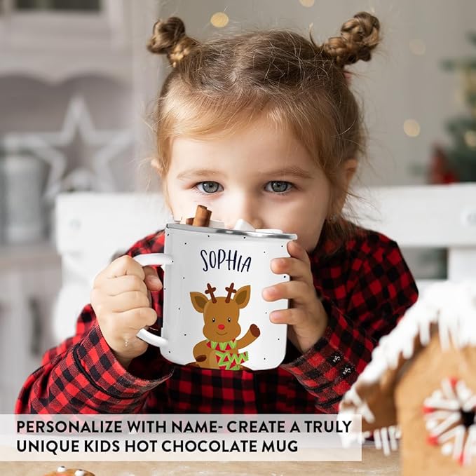 Andaz Press Personalized Name 11oz. Kids Christmas Hot Chocolate Stainless Steel Campfire Coffee Mug, Adorable Rudolph Reindeer Waving, 1-Pack, Custom Birthday Xmas Cup Kids Mugs For Hot Chocolate