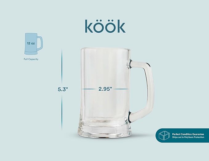KooK Beer Mugs, Glasses Set of 4, 12.7 Oz, Clear Large Mugs, Gift for Men, With Handles, Large Drinking Cups for Tea, Coffee, Root Floats, Dishwasher and Refrigerator Safe, Durable