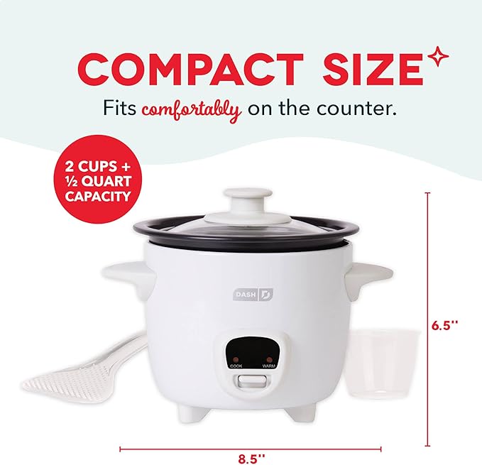 Dash Mini Rice Cooker Steamer with Removable Nonstick Pot, Keep Warm Function & Recipe Guide, 2 cups, for Soups, Stews, Grains & Oatmeal - White
