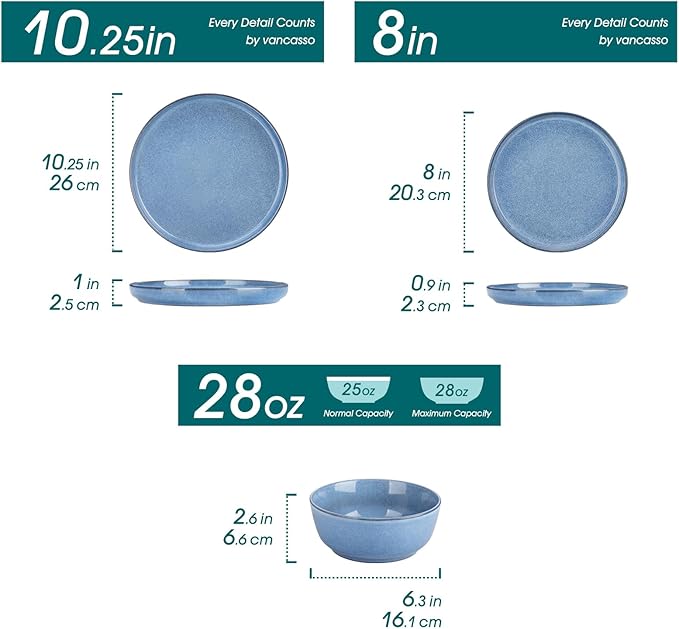 vancasso ANYA 24 Pieces Plates and Bowls Set, Blue Dinnerware Sets, Reactive Glaze Dishes Set for 8, Ceramic Dishware Sets Kitchen Dinner Set, Microwave & Dishwasher Safe