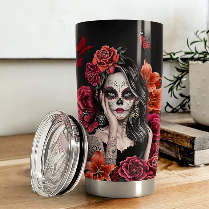 Sugar Skull Tumbler 20oz Stainless Steel Insulated Coffee Travel Mug Cup for Women Girls Gifts for Birthday Christmas Halloween