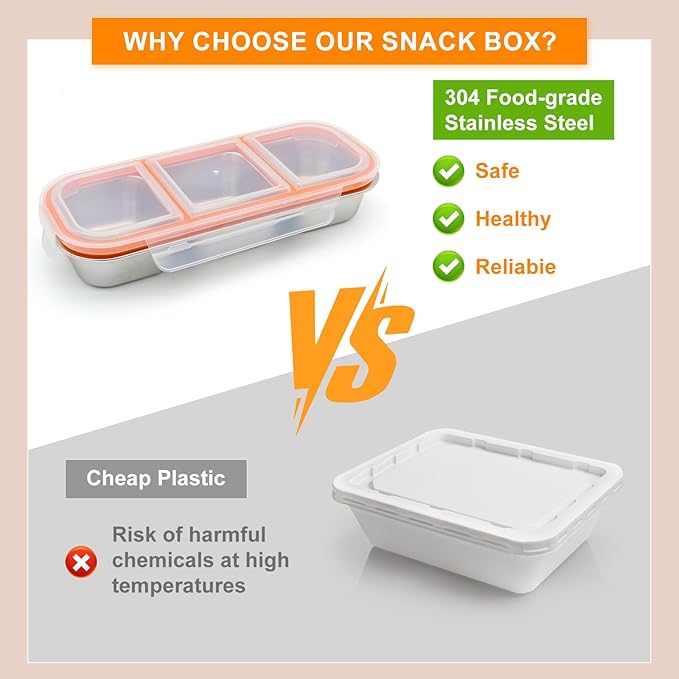 Stainless Steel Snack Containers with Lids, Reusable 3 Compartment Condiment Boxes, Stainless Steel Children's Fruit Box for School,Travel, Office and Outdoors