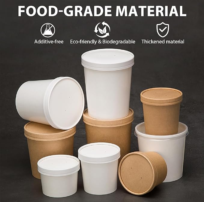 Paper Town Disposable Paper Soup Containers with Vented Lids, White, 12 oz, Round, 50 Count, Compostable Food Storage Container, Ice Cream Cups
