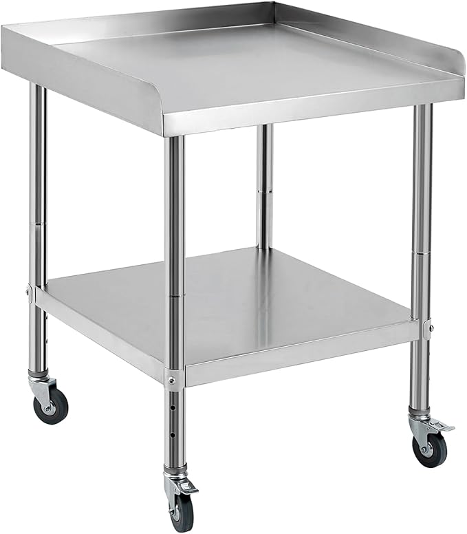 24x24x30 in Stainless Steel Equipment Grill Stand Table NSF Certified with 5 in Wheels, 400 LBS Capacity, 2 in Edge Baffle, for Hotel, Home, Commercial Restaurant Kitchen