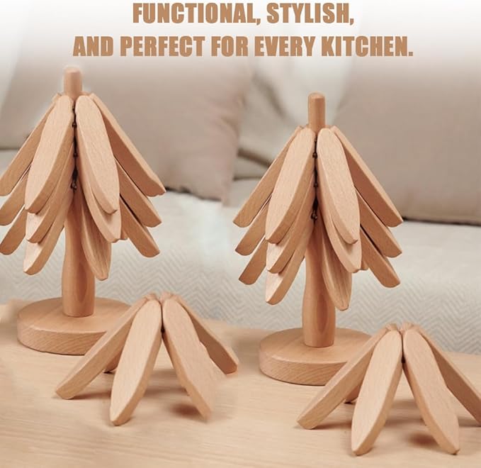 Wooden Trivets for Hot Dishes， Tree Shape Trivet Set,Trivets for Hot Dishes - 4 Wooden Trivet + 1 Stand（Beech Wood）