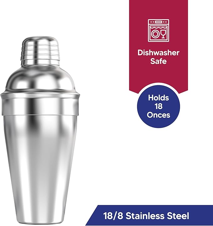 HIC Kitchen Bar Cocktail Shaker, 18/8 Stainless Steel, Mirror Finish, 3-Piece Set, Holds 18-Ounces
