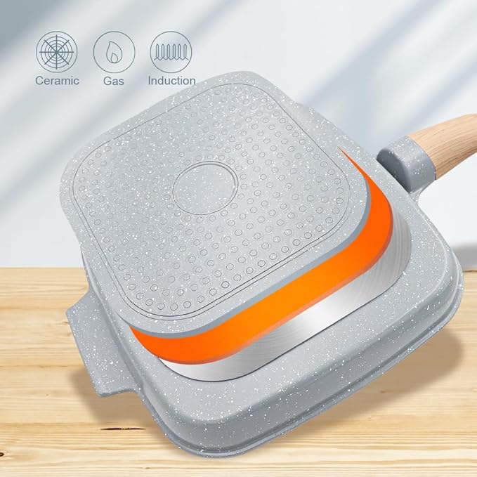 Nonstick Ceramic Griddle Pan with Lid, 10 Inch Steak Pan with Detachable Handle Induction Compatible, PFOA Free - Blue