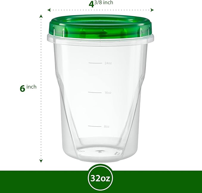 (32 Ounce 10 Pack) Twist cap Containers Clear Bottom With Green Top Screw on Lids Twist Top Food Storage Freezer Containers