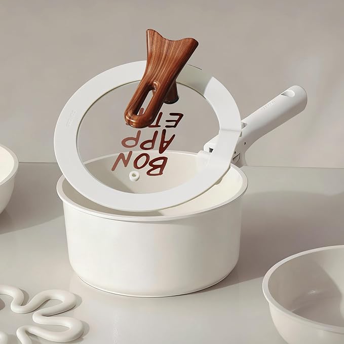 CAROTE Ceramic Sauce Pan Sets with Stand-Up Lid 3QT & 4QT, 10 Piece NonStick Kitchen Cookware Sets with Detachable Handle, Non Toxic Cooking Pot, Oven Safe, Induction Ready, Cream White