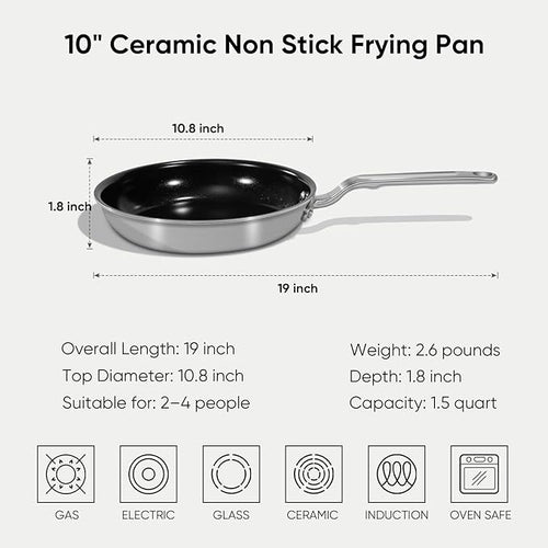 10 Inch Ceramic Non Stick Frying Pans - 5 Ply Stainless Clad Nonstick Skillet, Toxic, PTFE & PFOA FREE, Professional Cookware for Induction, All Stoves and Oven up to 650°F