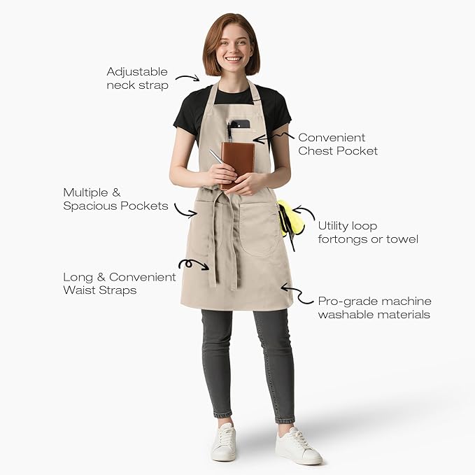Unisex Apron with Pockets for Cooking, Salon & Art - 100% Cotton Adult Kitchen, Chef, Stylist Apron (Beige)