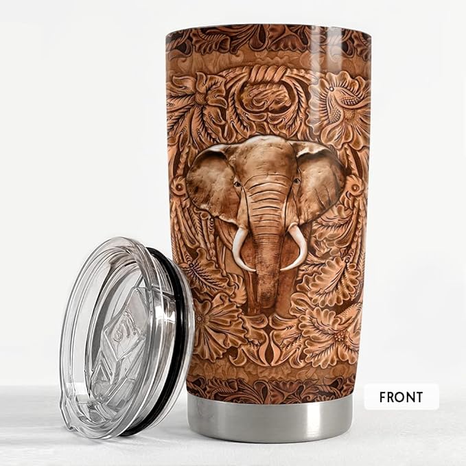 SANDJEST Elephant Tumbler Wood Drawing Style 20oz Tumblers with Lid Gift for Women Girl Daughter Sister Animal Lovers Christmas Birthday