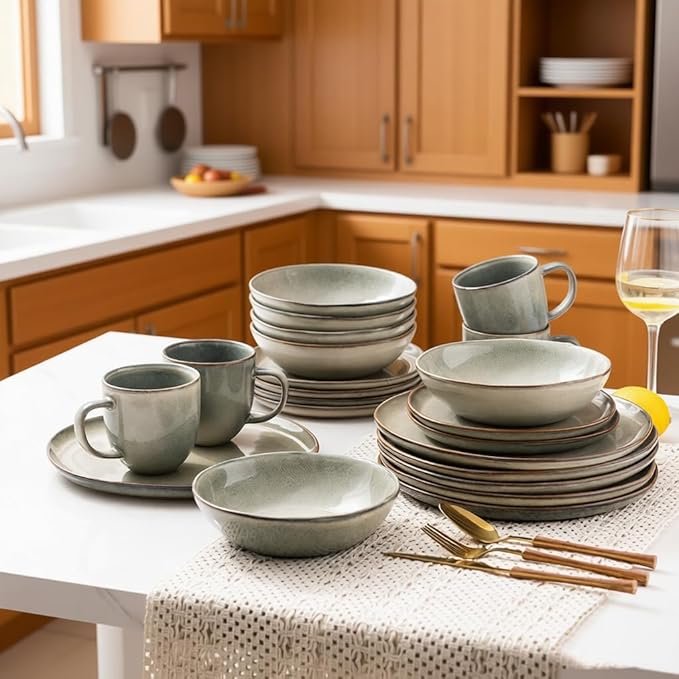 AmorArc Ceramic Dinnerware Sets of 8,Handmade Reactive Stoneware Glaze Plates and Bowls Sets,Highly Scratch Resistant | Dishwasher & Microwave Safe,Service for 8 Dishes Set (24pc)