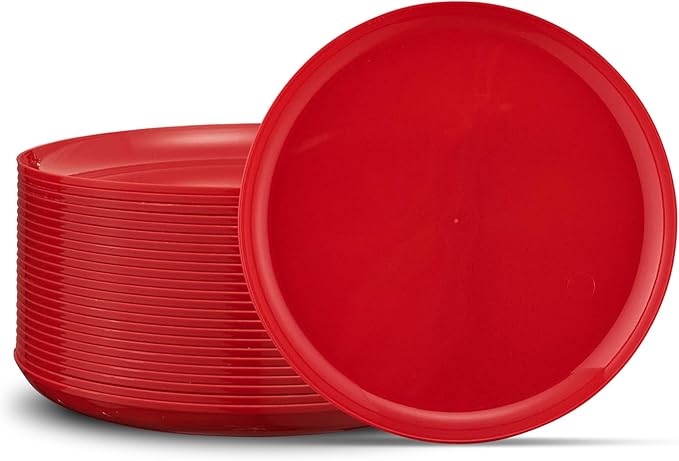 PLASTICPRO 30 Pack 6.3'' Christmass Plates Red Plastic Party Plates Edge Collection Premium heavyweight Elegant Disposable Tableware Dishes