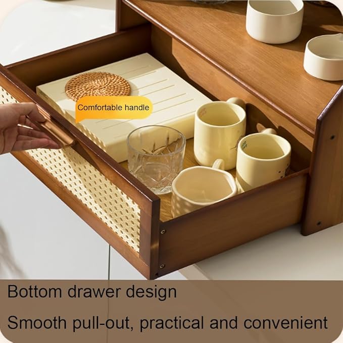 Modern Counter Top Cabinet with Drawer, Bamboo Spice Organizer and Bread Box, Mug Holder Storage Rack, Makeup and Perfume Cabinet for Kitchen or Living Room(Natural)