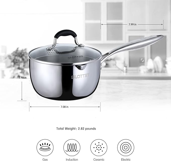 Tri-Ply Whole-Clad Stainless Steel Sauce Pan with Pour Spout,2.5 Quart Small Multipurpose Pasta Pot with Strainer Glass Lid, Saucepan for Cooking with Stay-cool Handle.